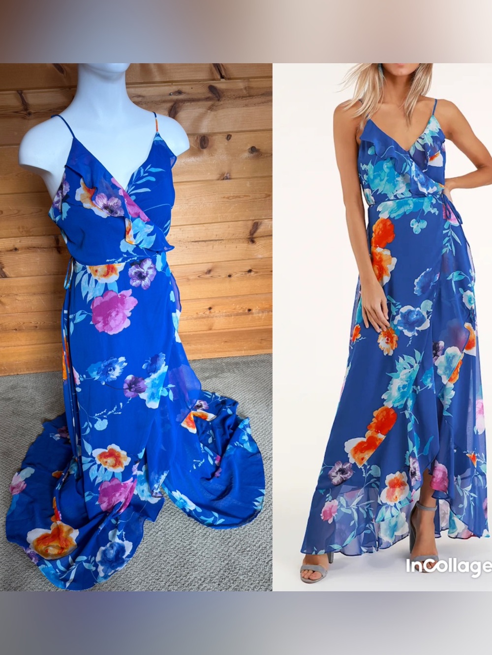 Ladean Royal Blue Floral Print Ruffled Wrap Maxi Dress large formal spaghetti